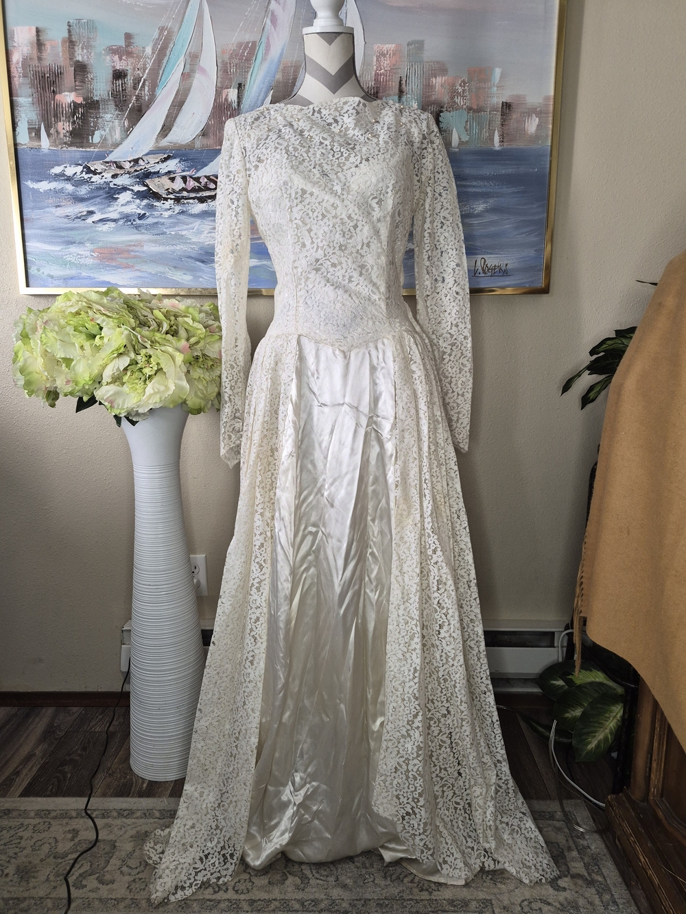 Vintage Handmade Ivory Lace Maxi Dress with Satin Panel & Metal Zipper